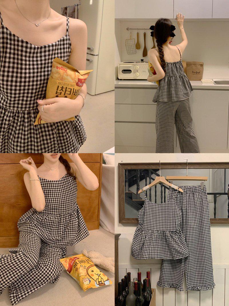 뭉끌라쥬 뷔스티에 체크 여성 깅엄 블랙 파자마 여름 나시 긴바지 잠옷세트