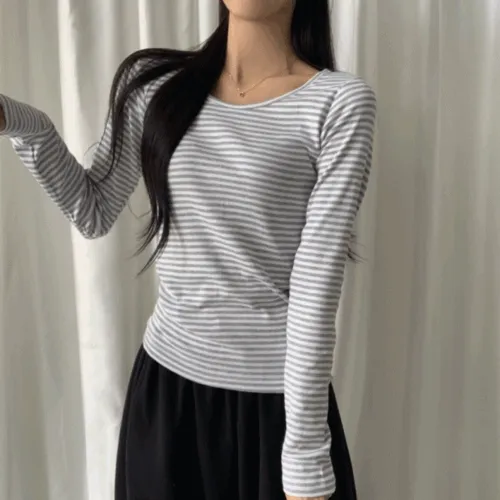 ⁎당일출고![날씬핏!/꾸안꾸!] 치즈 단가라 u넥 라운드 슬림 스판 기본 긴팔티;4color