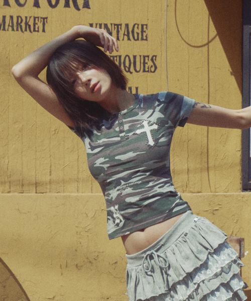 VINTAGE CROSS BUTTON DOWN TEE_MELANGE CAMO