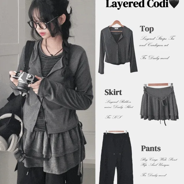 🚚오늘출발 5%쿠폰💭[일체형🤍/후들후들소재!] 스트라이프 단가라 버튼 레이어드 여유핏 긴팔 가디건 세트 티셔츠