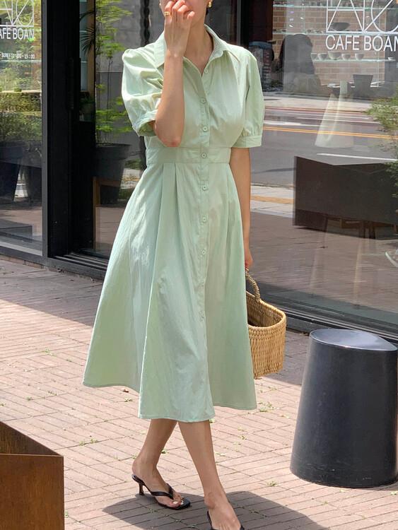 베를린 소매벌룬 반팔 셔츠 카라넥 단추 벨트 셔츠 롱 원피스(민트,핑크)