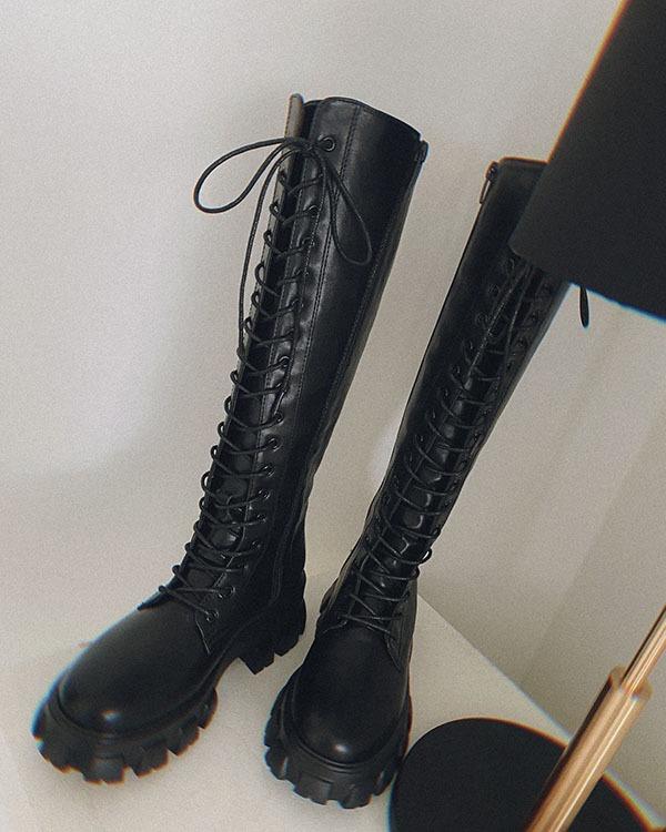 레이스업 통굽 롱부츠