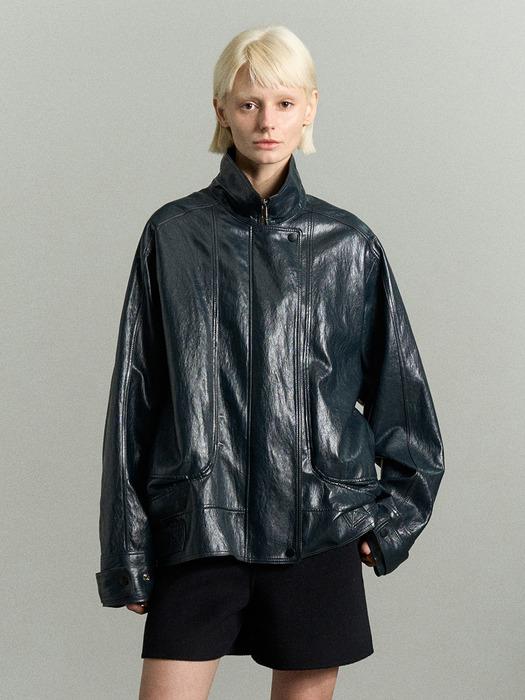FUNNEL NECK VEGAN LEATHER JACKET MIDNIGHT NAVY