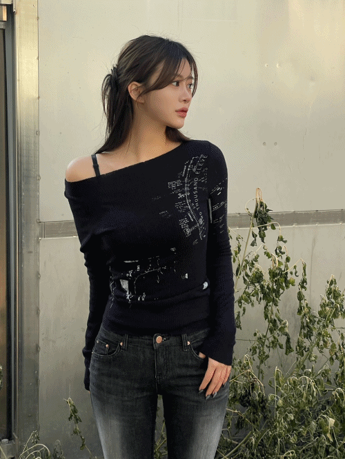 웨스트 프린팅 유넥 골지 니트 (3color)