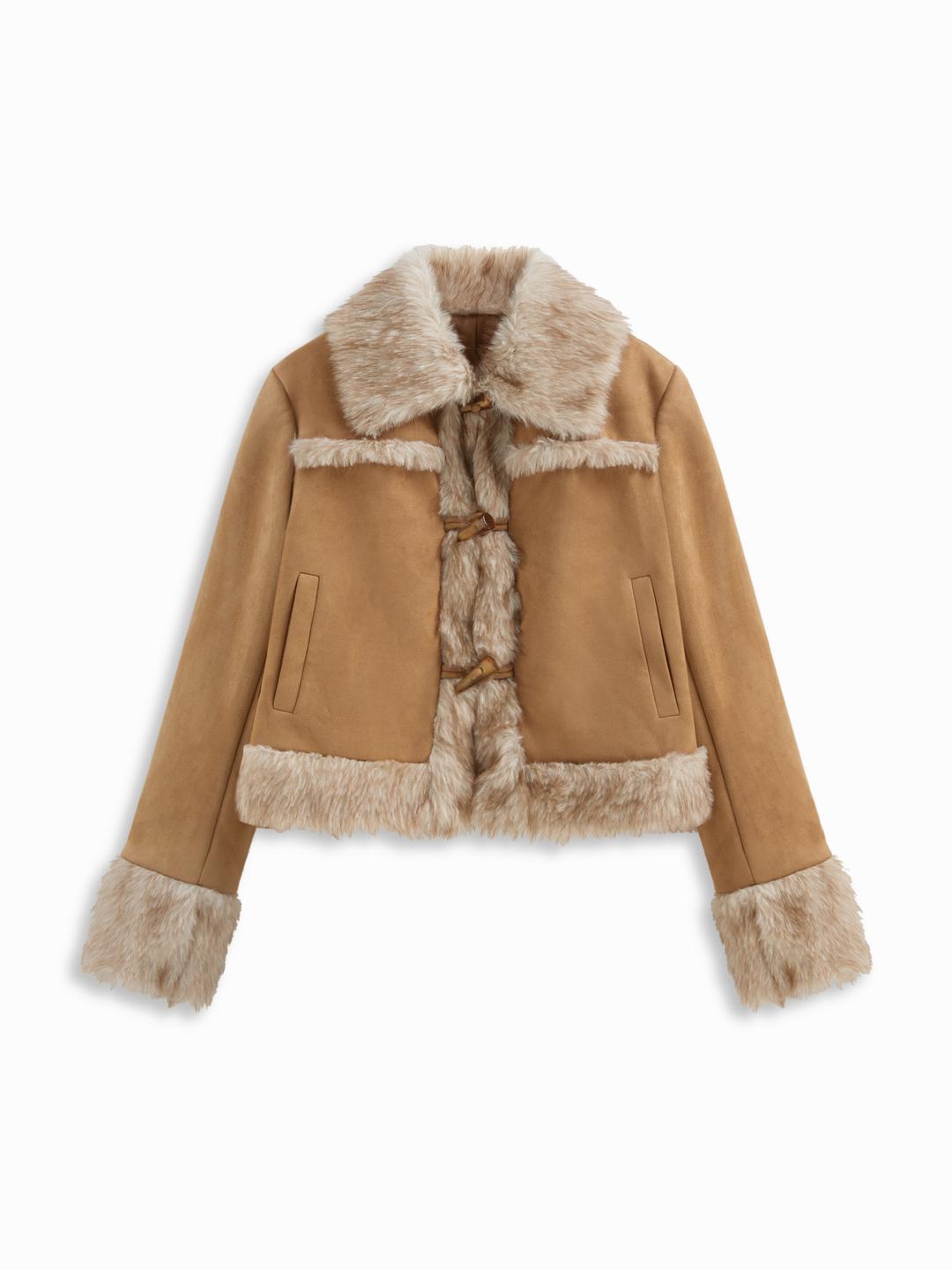 Suede Faux Fur Collar Toggle Button Jacket