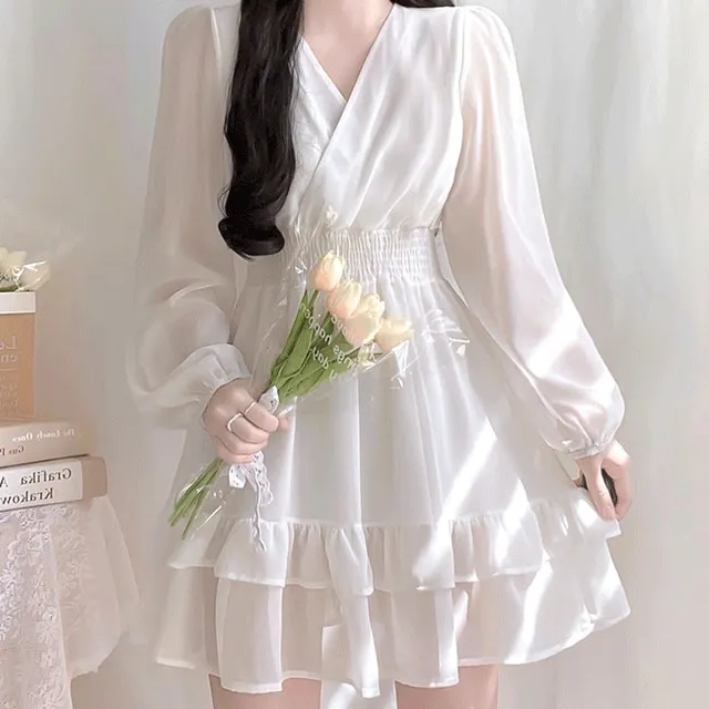 [여신등극] 뮤즈 쉬폰 랩 브이넥 쉬폰 프릴 캉캉 밴딩 스모크 원피스