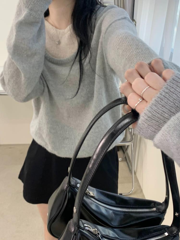 르메 울 알파카 레이어드 라운드넥 긴팔 니트(블루그레이)