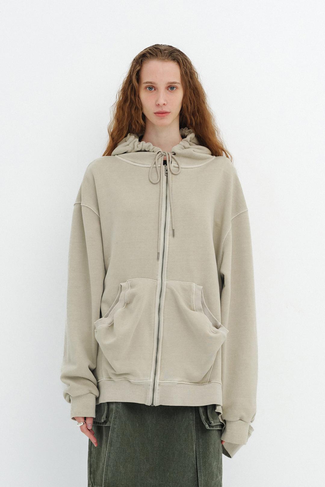 Hole Pointed Hoodie Zip Up / Beige
