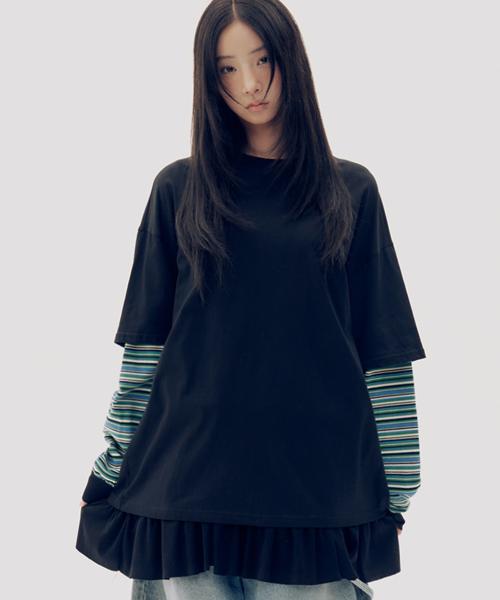 톤앤톤 소매 스트라이프 배색 레이어드 티셔츠 [블랙]