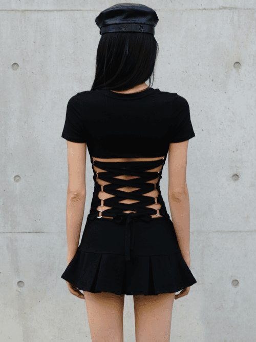 레이스업 브이넥 티셔츠 (블랙)