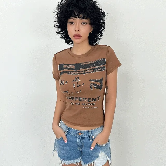 오버로크나염반팔티 슬림티셔츠 프린팅티셔츠 빈티지 캐주얼 유니크한티셔츠 스티치티셔츠 워싱티셔츠