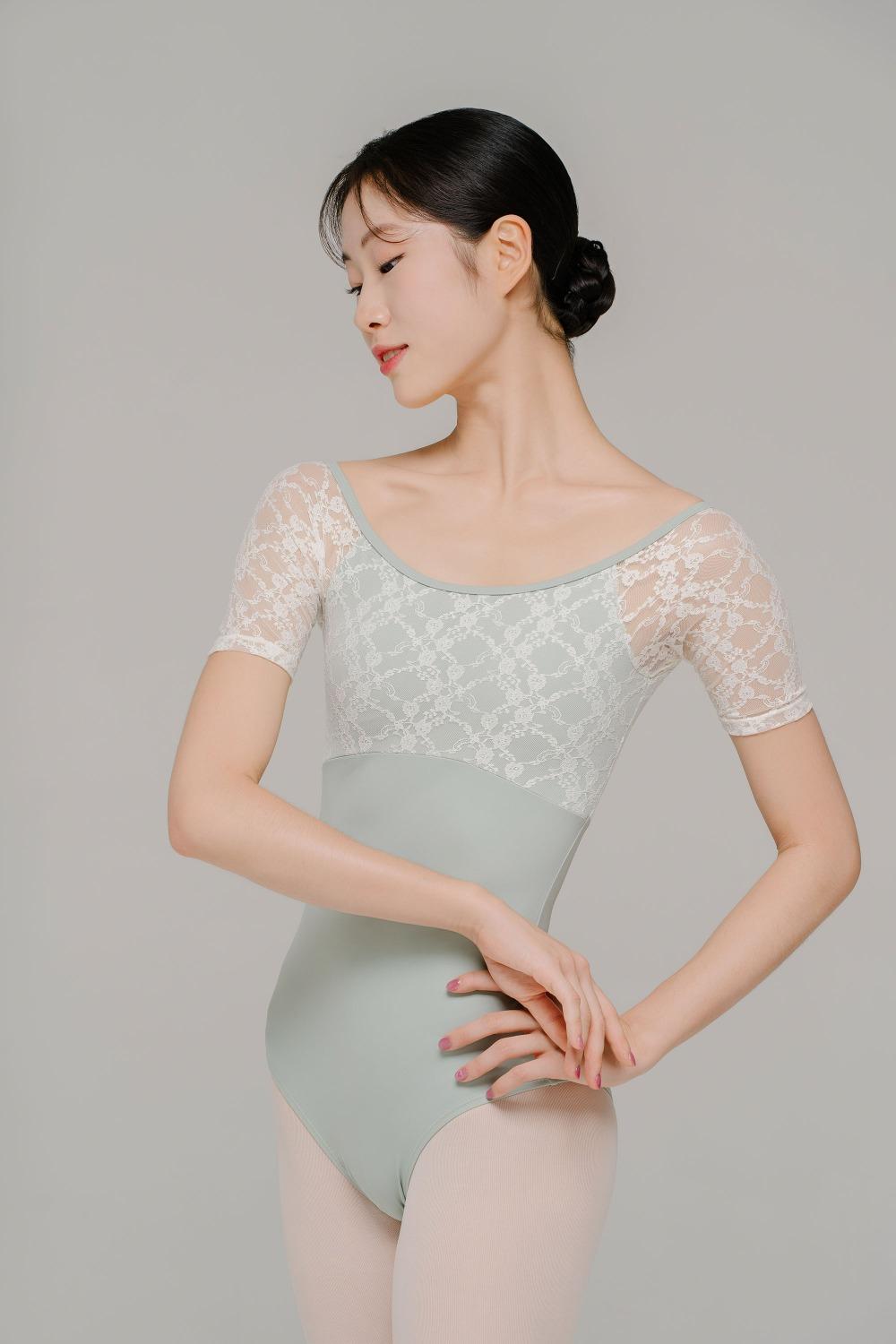 하프 레이스 반팔 레오타드 (쑥우유)