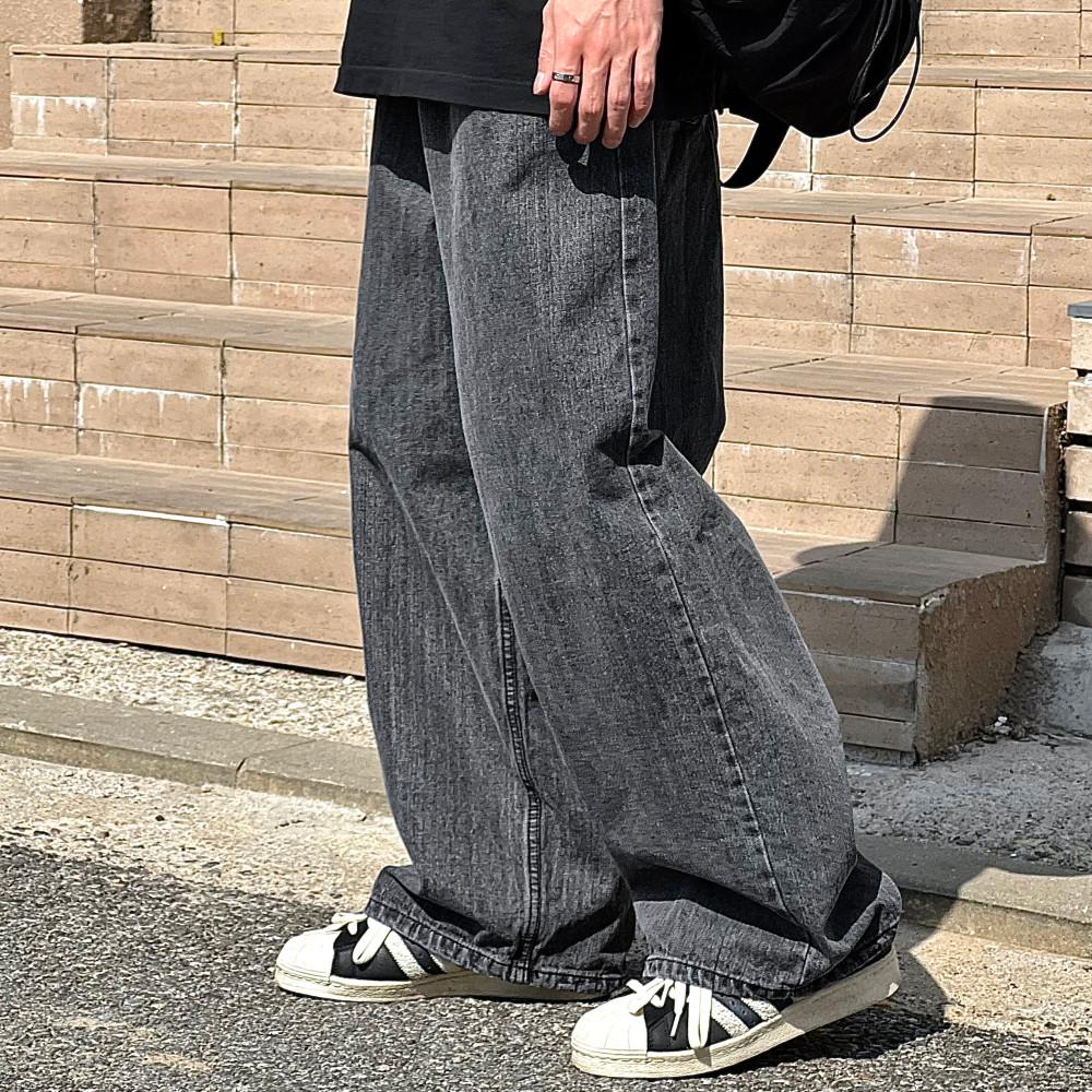 슬럽 워싱 오버와이드 데님팬츠 2C 남자 여자 그레이 4계절 빈티지 스트릿 청바지