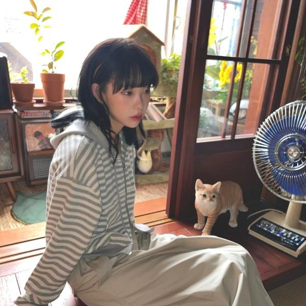 nimo waffle stripe two-way hoodie zip-up