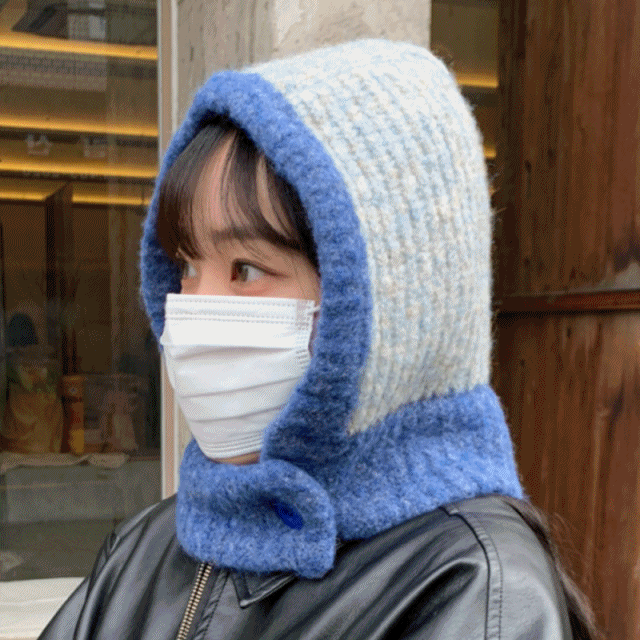 [인기폭주] 배색 단추 니트 후드 모자 바라클라바 7color