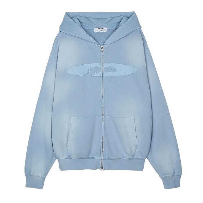 Gradation Washed Disk Logo Hood Zip-Up Blue