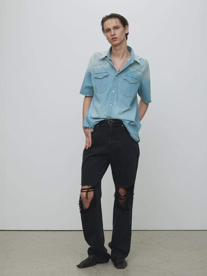 WASHED DENIM CUT-OFF SHIRT_ WASHED BLUE
