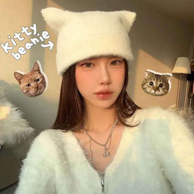 1+1할인💖 뉴진스 키티 앙고라 - 비니 고양이 모자 숏 산책 벙거지 나비 털 퍼 니트 밍크 캣츠