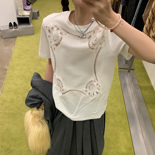 LRIB Lace dream embroidery round neck white pure cotton short sleeve T-shirt