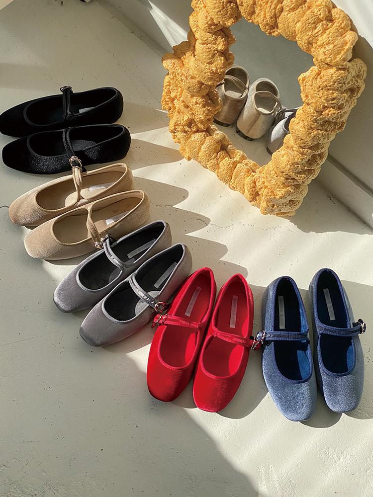 아이린 벨벳 메리제인 스트랩 밴딩 쿠션 기모 몰드 가을 겨울 플랫