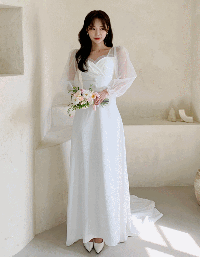 로맨틱 화이트 원피스, 시스루 결혼 셀프웨딩 브라이덜샤워 2부 돌맘 돌잔치 드레스