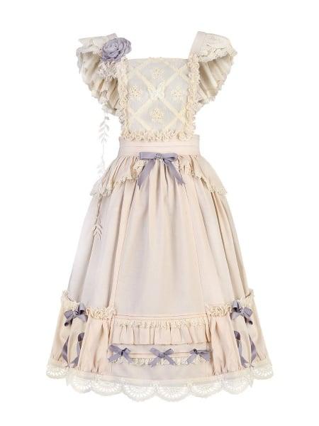 [$42.97]Beige Ruffle Trim Overdress with Purple Ribbon Bowknots