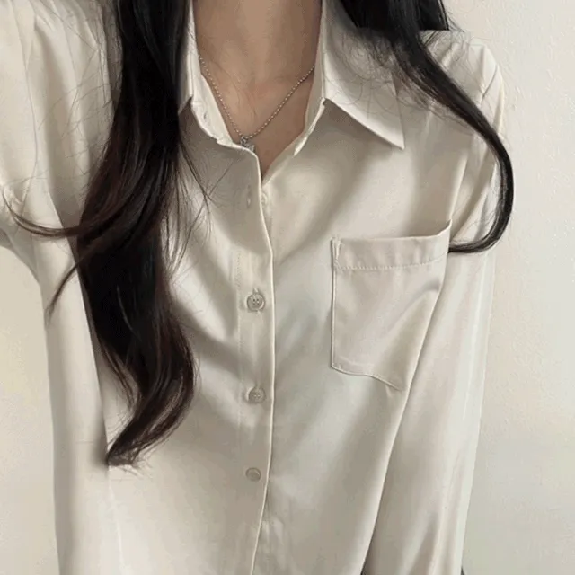 [포켓ver/차르르~/고퀄] 찰랑찰랑 블라우스같은, 사계절 세미크롭 무지 포켓 긴팔 카라 셔츠 남방 6color
