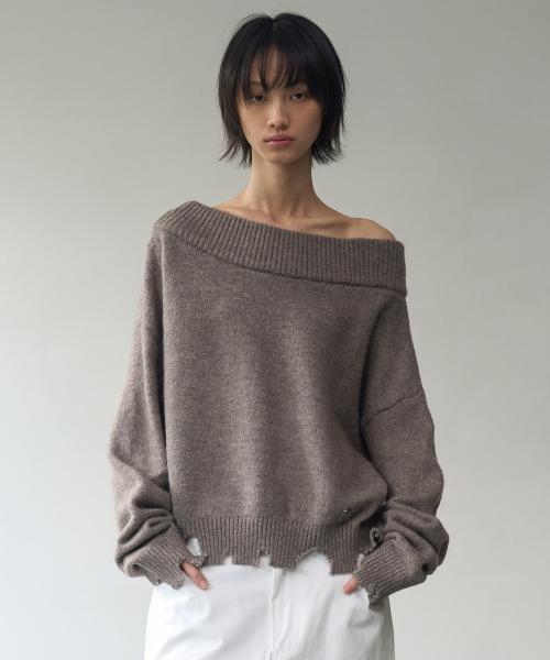 락케이크(ROCKCAKE)  Off Shoulder Damaged Knit - Brown - 사이즈 & 후기 | 무신사