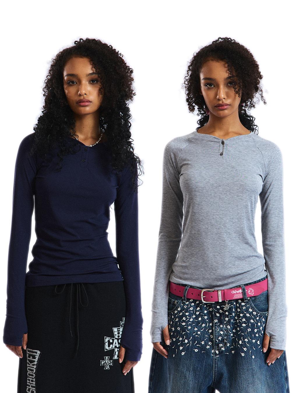 Tencel Henleyneck Long-Sleeved Top