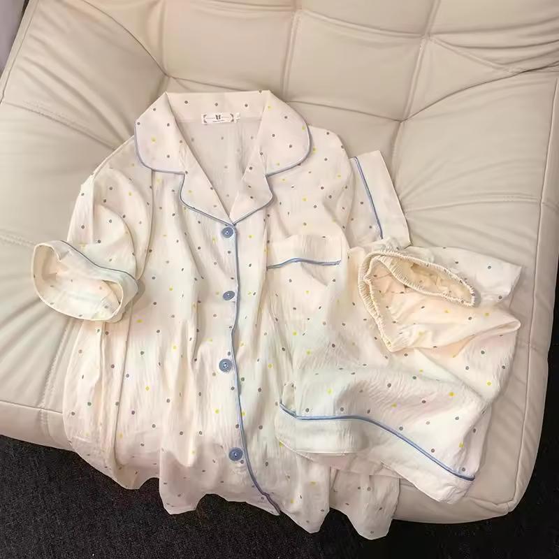 프린트 폴카 도트 여성 잠옷 잠옷 코튼 잠옷 세트 탑과 반바지 2 피스 세트 캐주얼 편안한 홈 슈트 의상 스위트