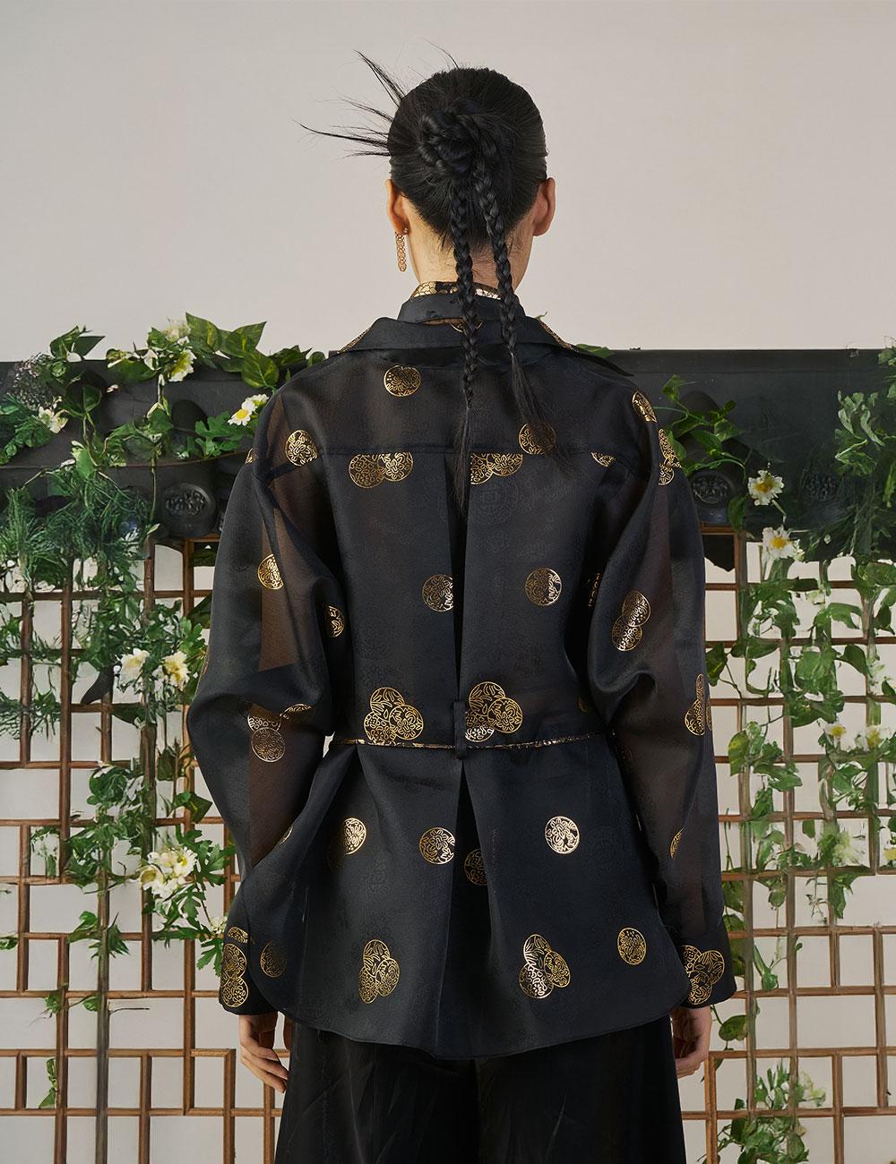 [주문제작] 가오리형 골드 문양 아우터형 시스루 블라우스