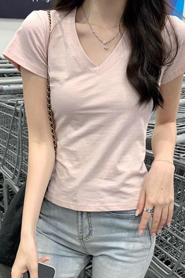 핑크프릴 린다 데일리 브이넥 반팔 슬리밍 티셔츠