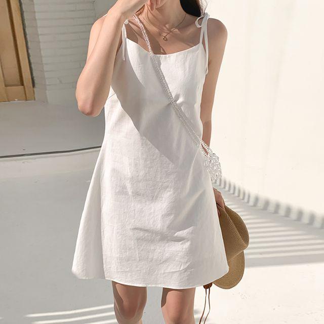 [안감내장] 여리여리 데이트룩 리본 어깨 끈 A라인 린네 미니 원피스/리즈린넨타이미니원피스