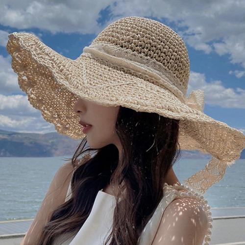 로레인 밀짚 왕골 라탄 레이스 프릴 리본 바캉스 비치 모자 챙넓은 와이어 파나마햇 라피아햇 여름 챙모자 플로피햇 러블리 자외선 차단 햇빛 가리개