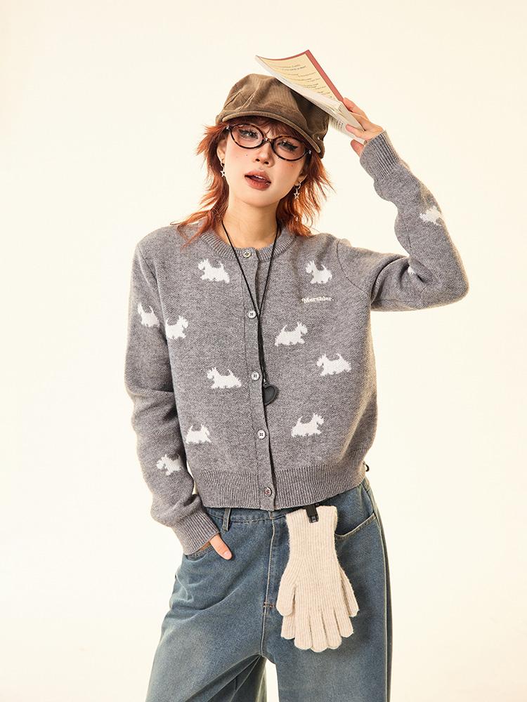 MAIKAO Puppy Jacquard Round Neck Cardigan
