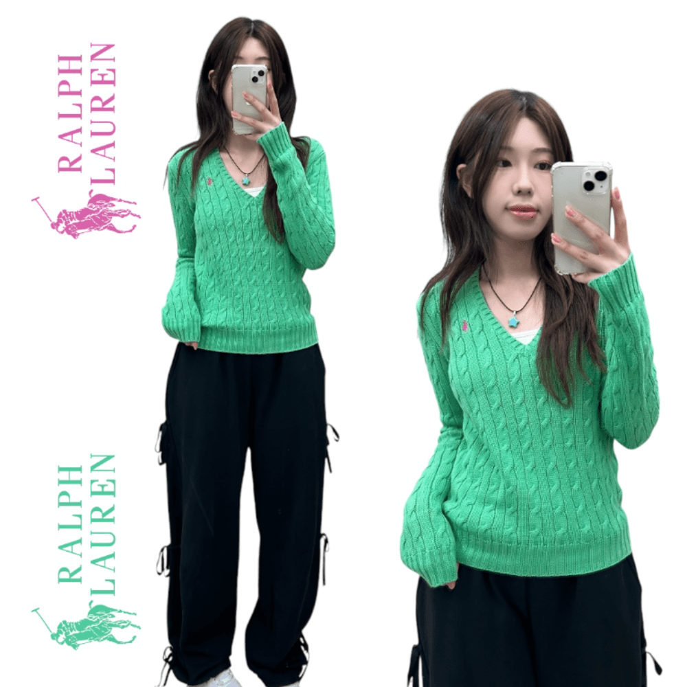 폴로 랄프로렌 핑크포니 라이트그린 꽈배기 브이 니트