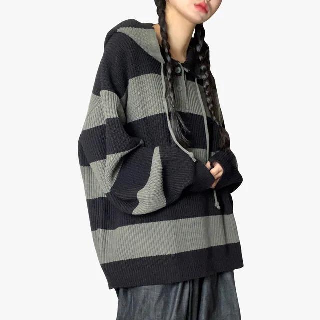 남녀공용 핸드 워머 스트라이프 줄무늬 오버핏 후드 니트