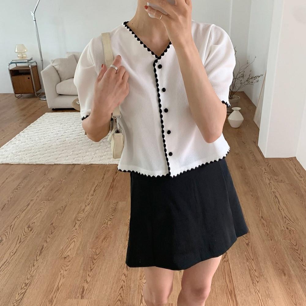 여름 반팔 크롭 배색 가디건 4컬러 아이보리 베이지 핑크 블랙