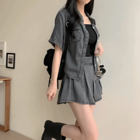 2color 다운 데님 남방 자켓 + 스커트 세트