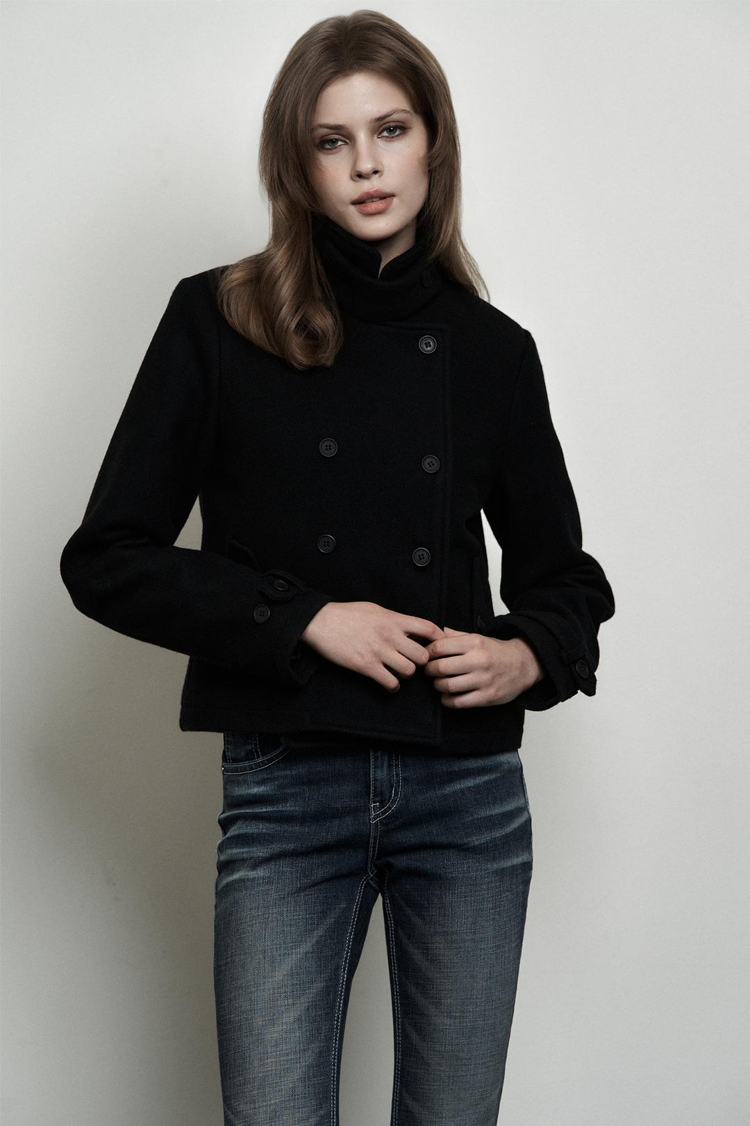 PLAIN WOOL DOUBLE COAT BLACK