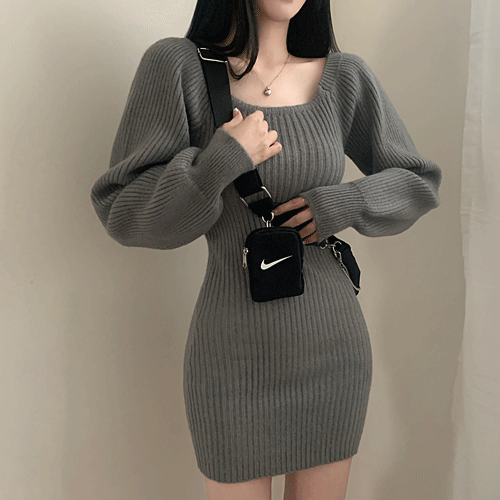 [도톰~] 남심저격, 스퀘어넥 퍼프 골지 긴팔 미니 원피스