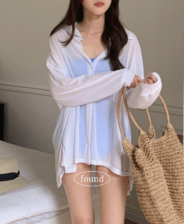 [수영복 커버업/살탐 방지]썸머 여리핏 시스루 카라 비치 셔츠 남방 가디건 [빅사이지,비치웨어,휴양지룩,워터파크]