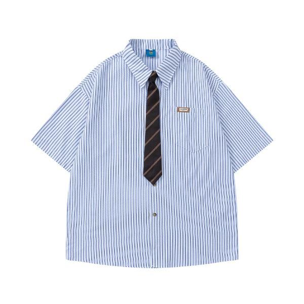 [당일발송/주문폭주] 가바바  남녀공용 줄무늬 넥타이 세로 스트라이프 카라 반팔 셔츠 G77167