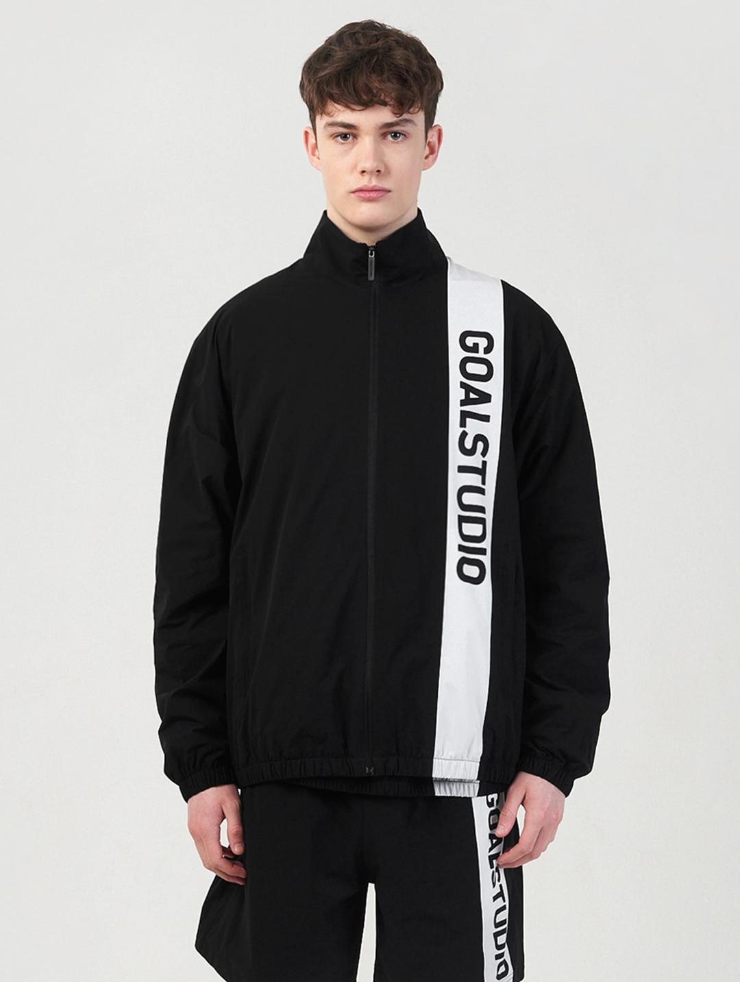 COLOR BLOCK WOVEN STRETCH TRACK JACKET-BLACK