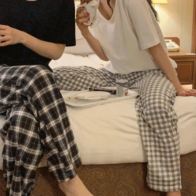 [당일출고] 타임특가! 커플 체크 와이드 밴딩팬츠 커플잠옷 곰돌이 반팔티 세트 no.1173 1220