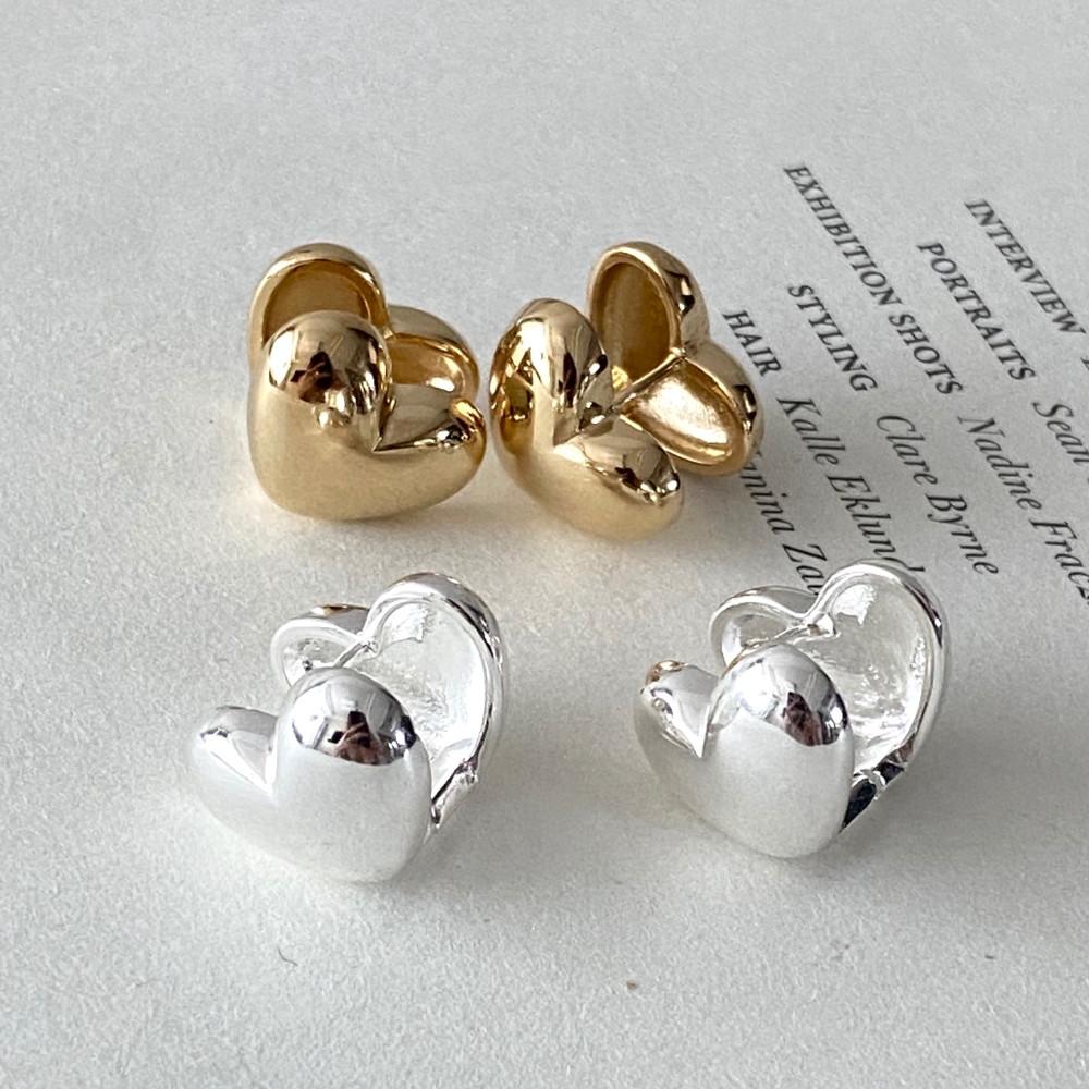 (M,L사이즈)실버925 볼드 통통 하트 데일리 원터치 미니멀 제니 링 귀걸이