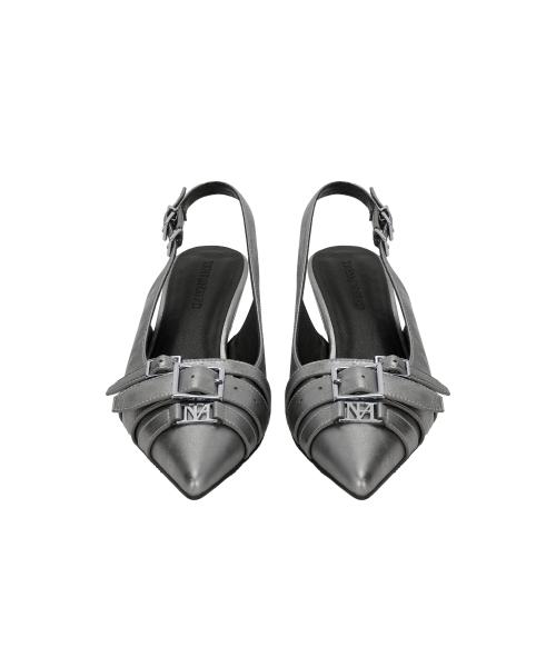 Leather Belted Slingback Shoes [ Gray ]