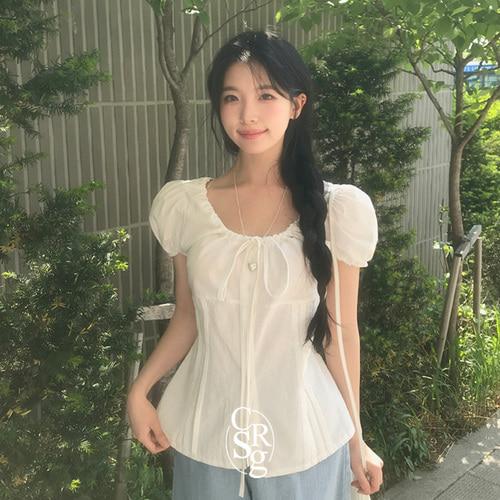 크림슈가 [허리잘록핏/피크닉룩] 제니 핀턱 리본 퍼프 반팔 블라우스