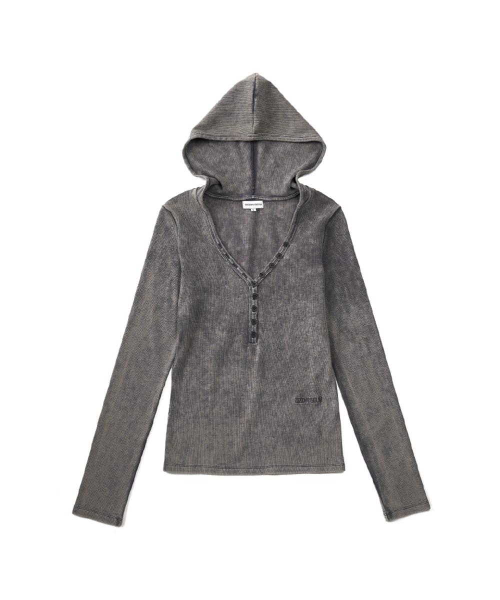 V NECK BUTTON HOODIE (STONE BROWN)