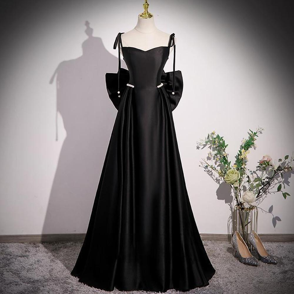 검정드레스 유색 새틴 롱 블랙 드레스 셀프 웨딩 리본 맞춤 어깨끈 파티 복  17